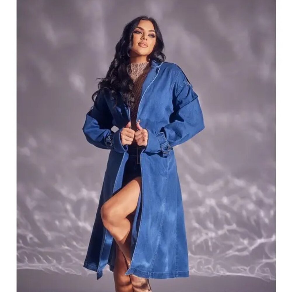 Denim Trench Coat with Faux Fur